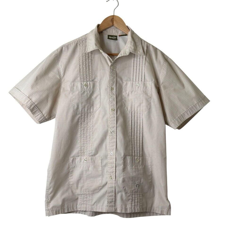 Howler Bros Hermanos Guayabera Shirt Embroidered Pockets Size M Beige Vented